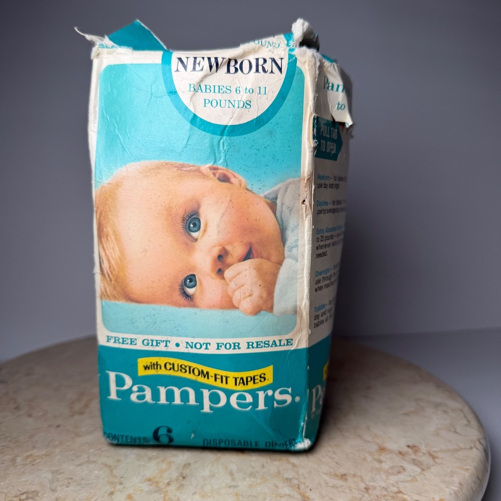 Vintage Pampers Newborn Diapers 5ct 6-11 lbs 1970s Custom-Fit Tapes Collectible
